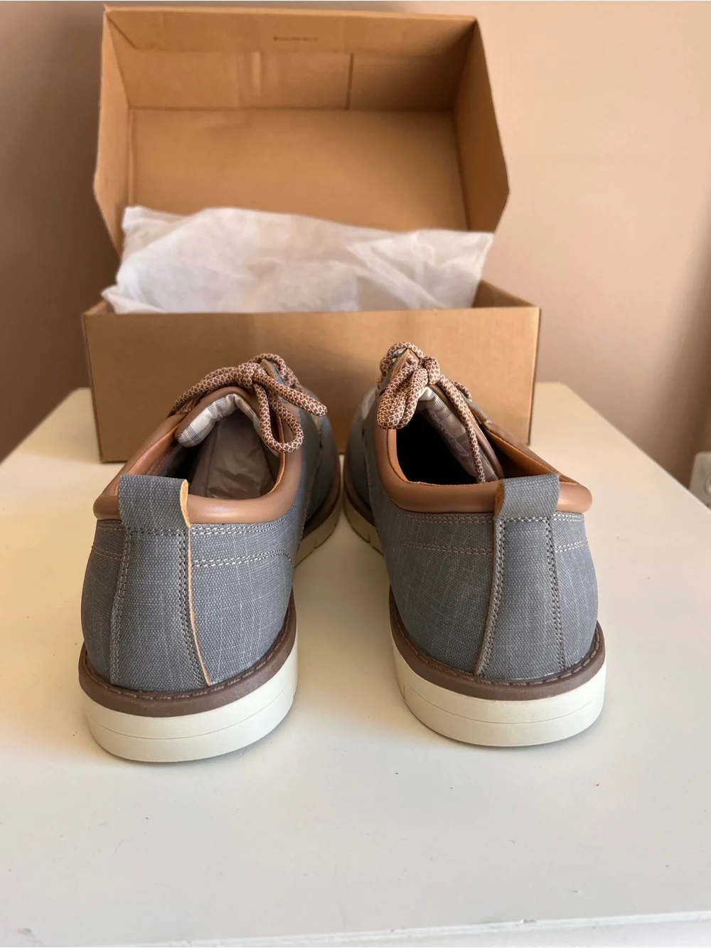 Men's Casual Blue Gray Canvas Lace-Up Shoes with Brown Trim